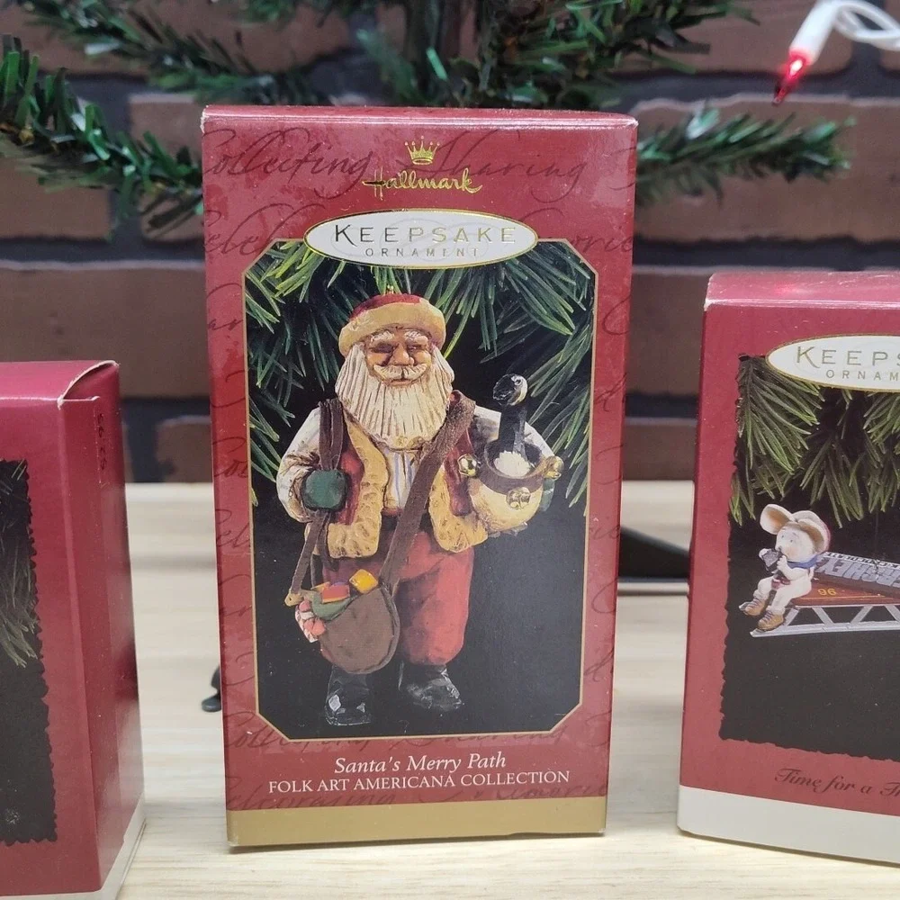 Vintage 4 Hallmark Keepsake Ornament Santa's Merry Path Folk art Hershey's
